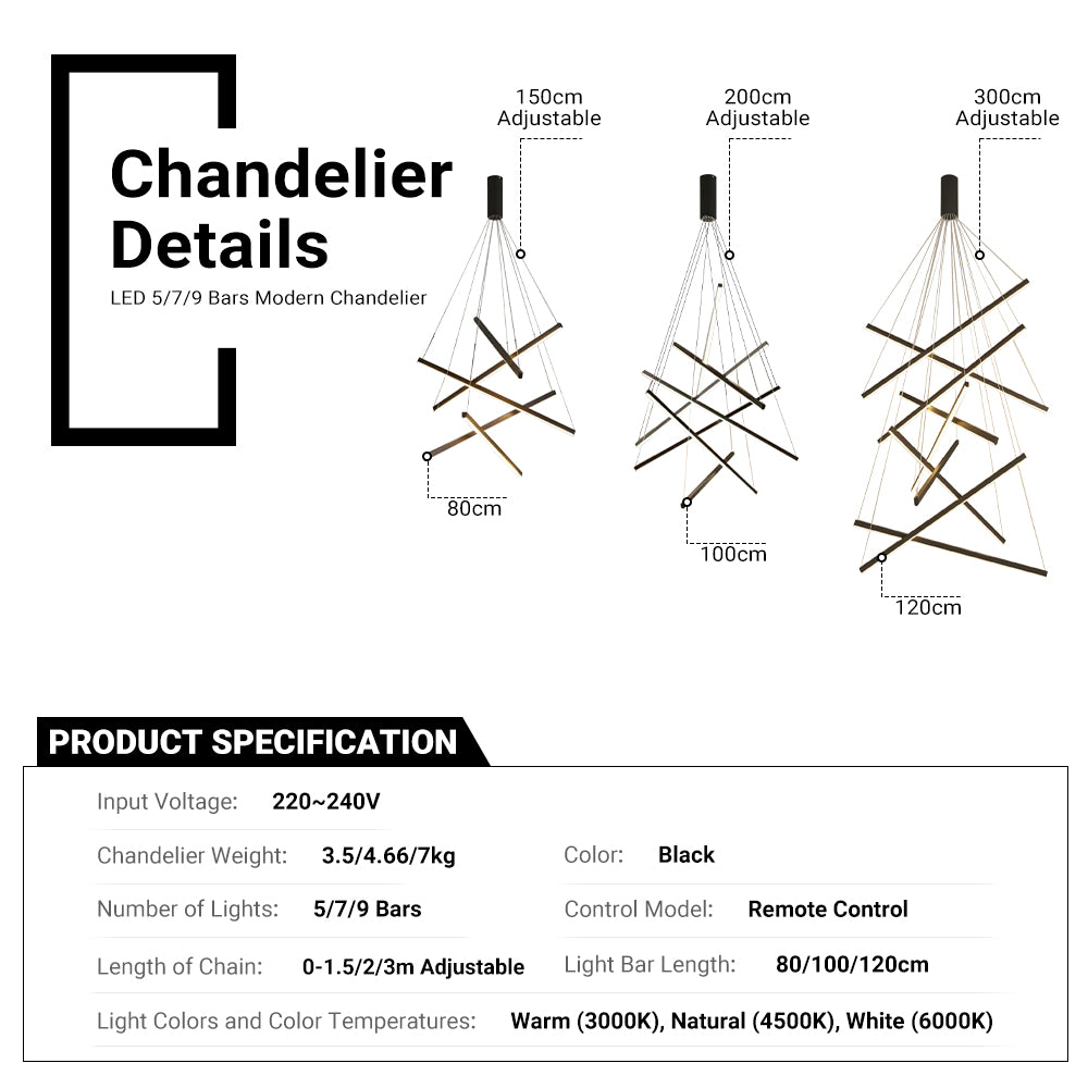 LED 9Bars Modern Chandelier by USOR - Australian Chandelier Store