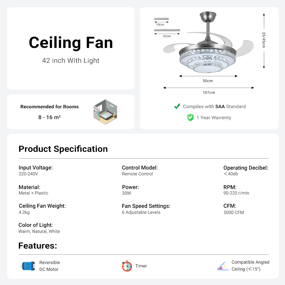42'' Modern Silver Ceiling Fan with Crystal Light & Remote Control by USOR - Australian Ceiling Fan Store