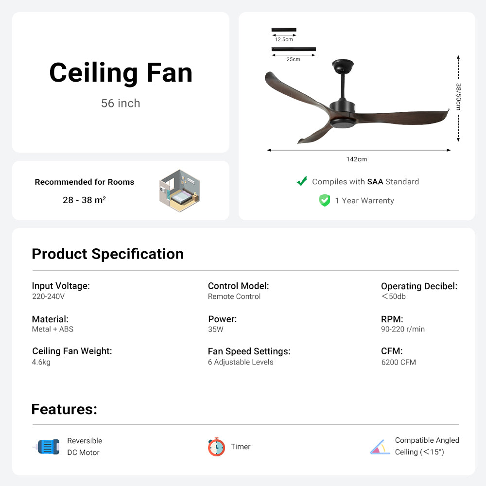 56" Black&Brown Ceiling Fan by USOR - Australian Ceiling Fan Store
