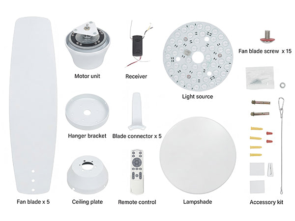Ceiling Fan with Light 52" DC Motor 5 Wood Blades White CF-52JYFW