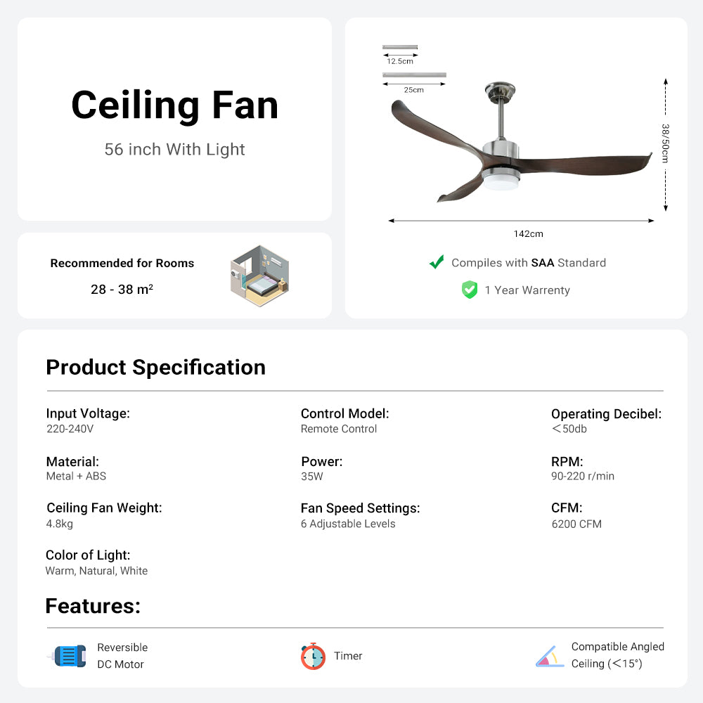 56" Ceiling Fan with Light by USOR - Australian Chandelier Store