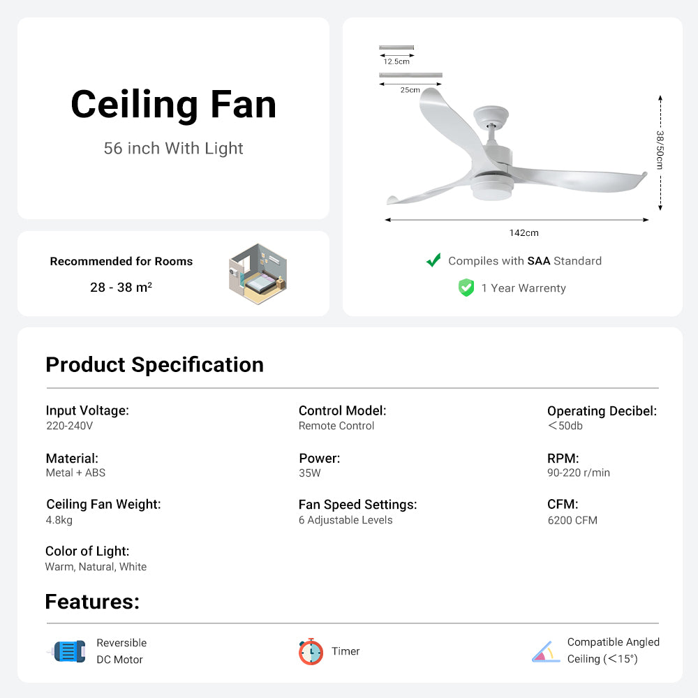 56'' Ceiling Fan with Light by USOR - Australian Chandelier Store