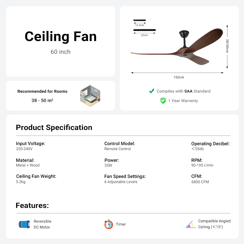 3 Wood Blades Ceiling Fan by USOR - Australian Chandelier Store