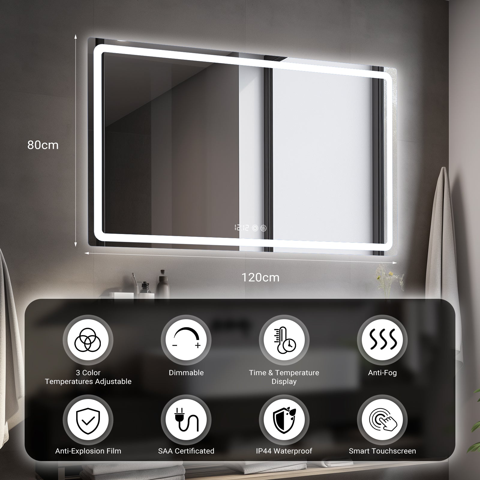 Dimmable Backlit Anti-Fog Bathroom Mirror by USOR - Australian Furniture & Homeware Store