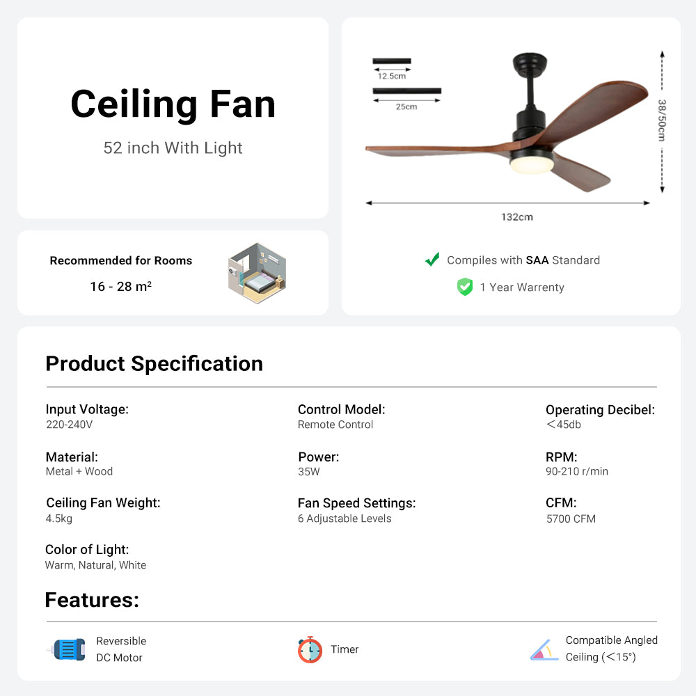 52'' Ceiling Fan with Light by USOR - Australian Chandelier Store