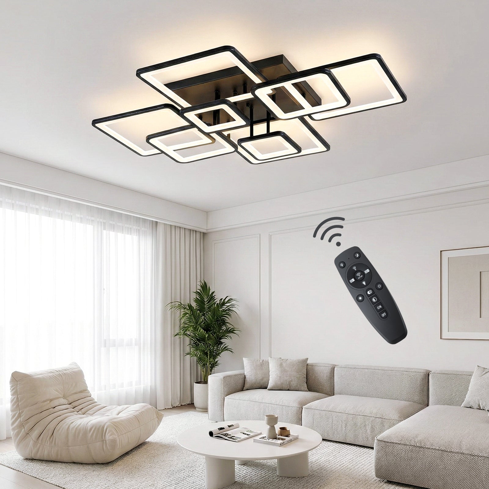 Modern LED Ceiling Light 6/8 Square Dimmable Flush Mount Light Remote App Black CL-SBK