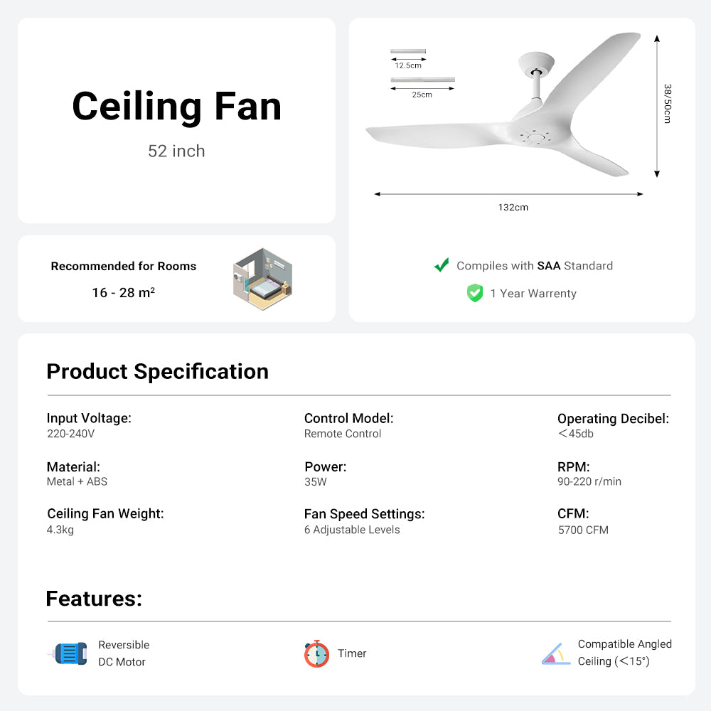 52'' Pure White Ceiling Fan by USOR - Australian Ceiling Fan Store