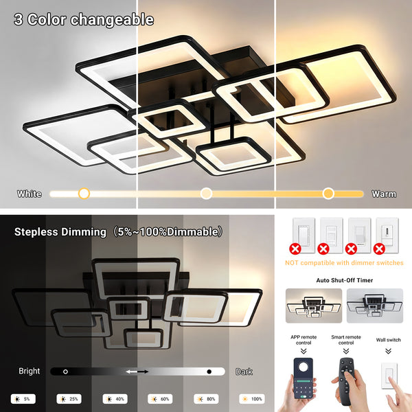 Modern LED Ceiling Light 6/8 Square Dimmable Flush Mount Light Remote App Black CL-SBK