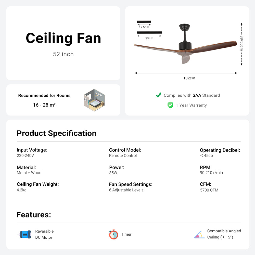 3 Wood Blades Ceiling Fan by USOR - Australian Ceiling Fan Store