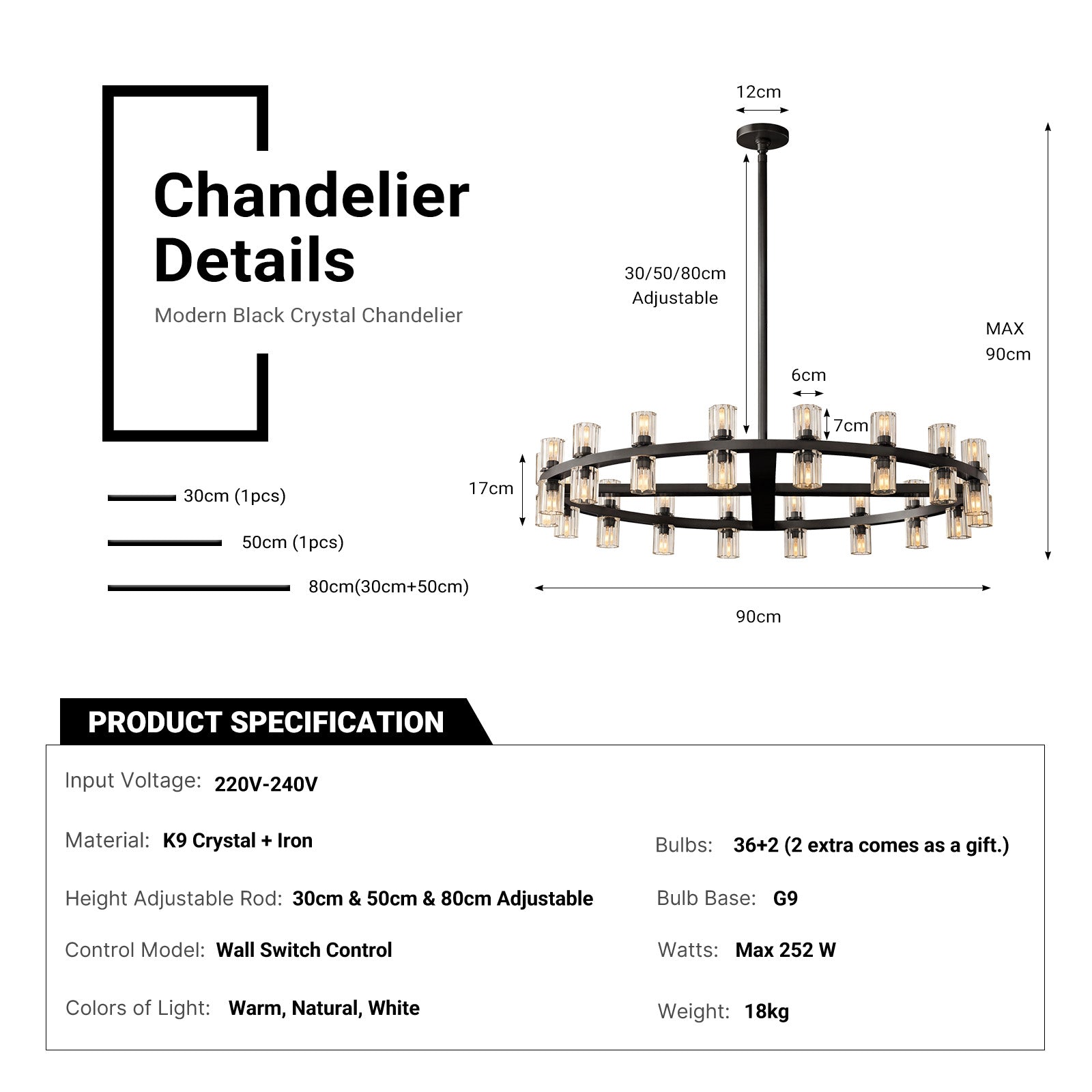Modern K9 Crystal Chandelier 36-Light D90cm Black Large Wagon Wheel Pendant CL-BWPL