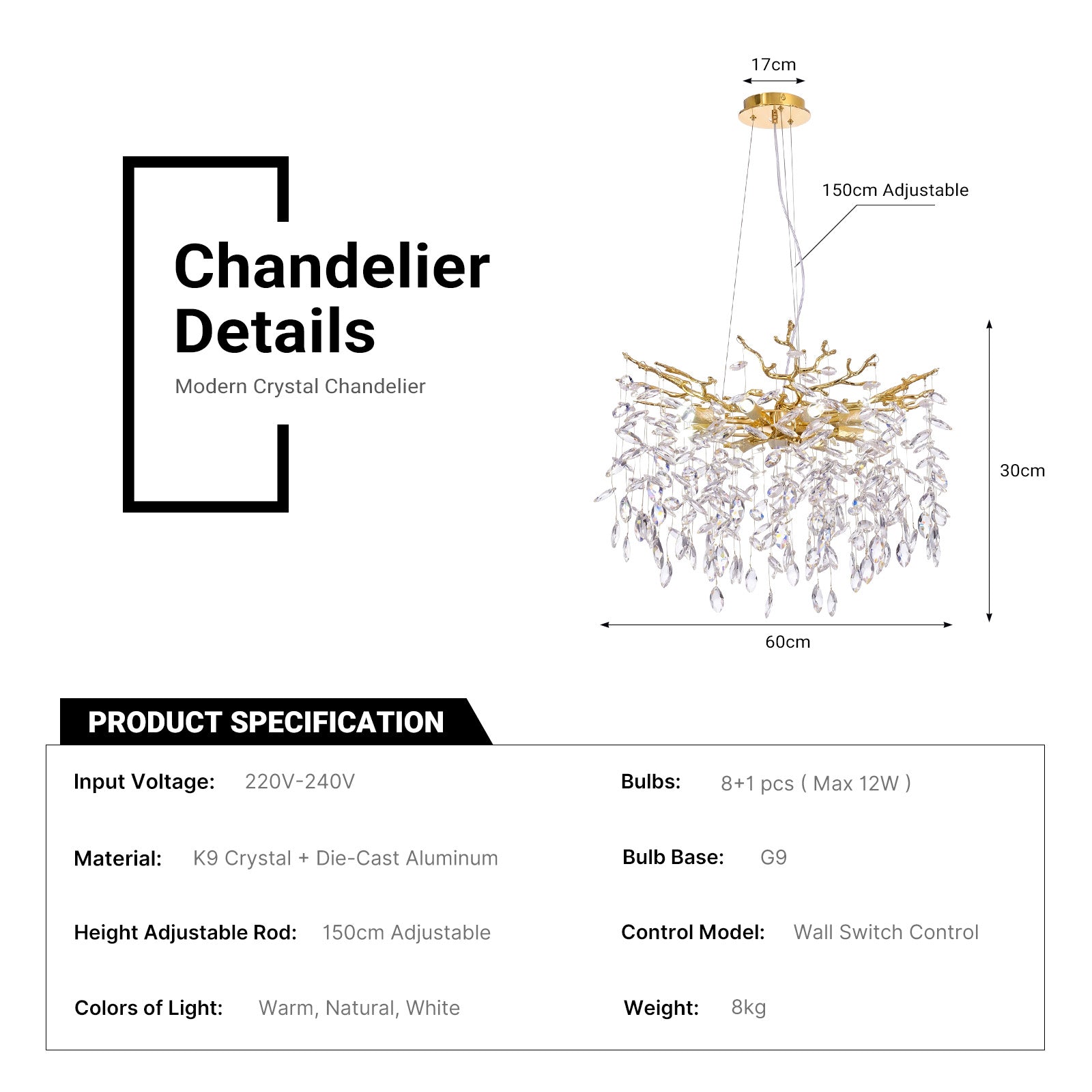 Crystal Tree Branches Chandelier 60cm Gold/Silver 8-Light Luxury Pendant CL-LCTB60