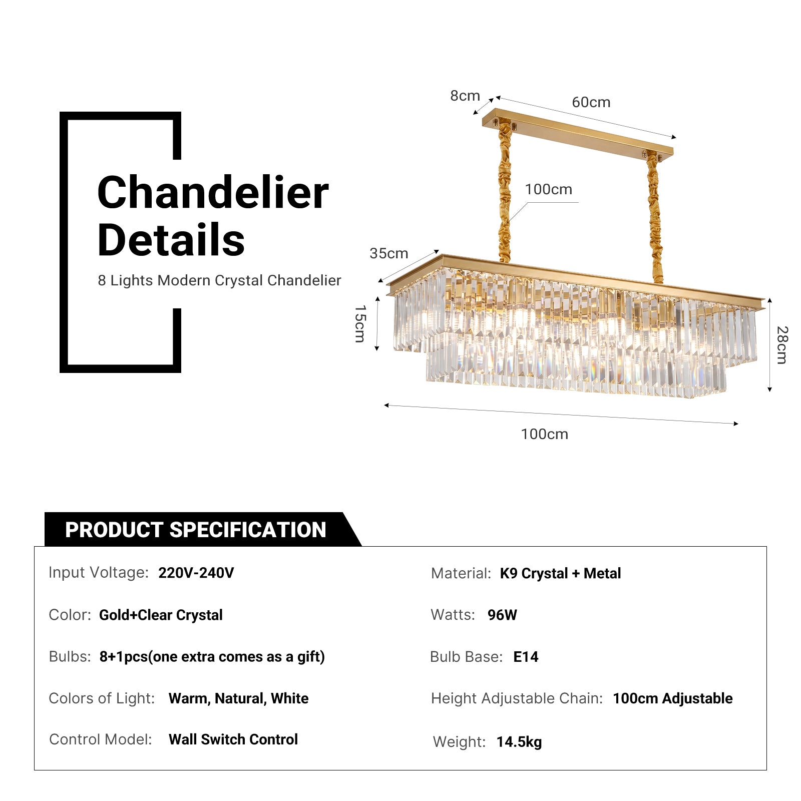 Luxury Crystal Strip Chandelier Golden Ceiling Light Lamp LED CL-CSCGO