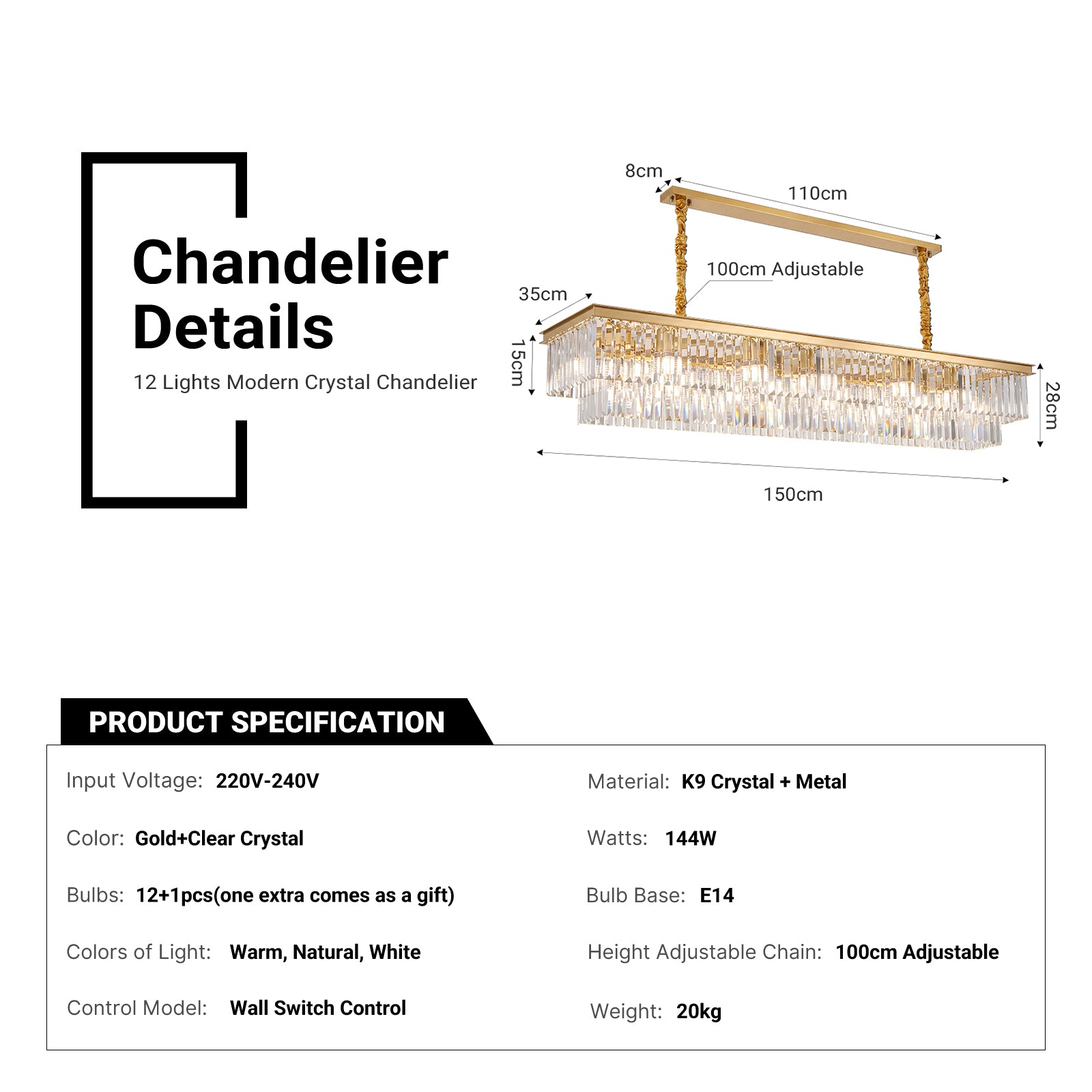 Luxury Crystal Strip Chandelier Golden Ceiling Light Lamp LED CL-CSCGO