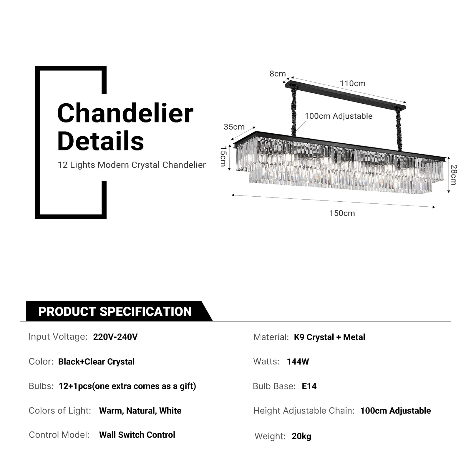 Luxury Crystal Strip Chandelier Gold Ceiling Light Lamp LED CL-CSCB
