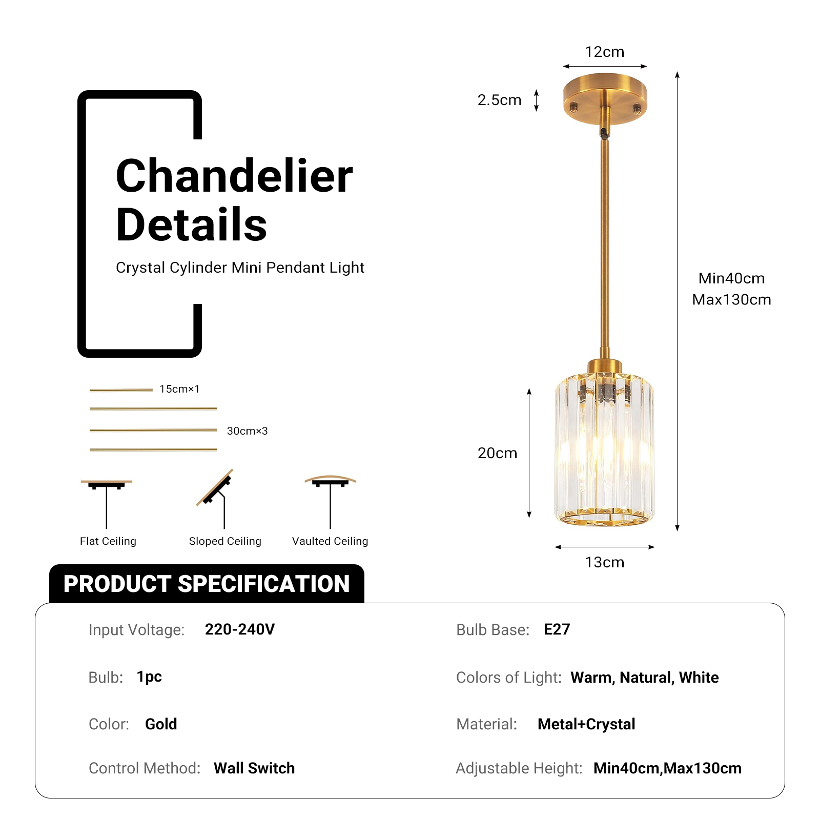 Modern Crystal Pendant Light Mini Chandelier Hanging Lamp Gold CL-SCL
