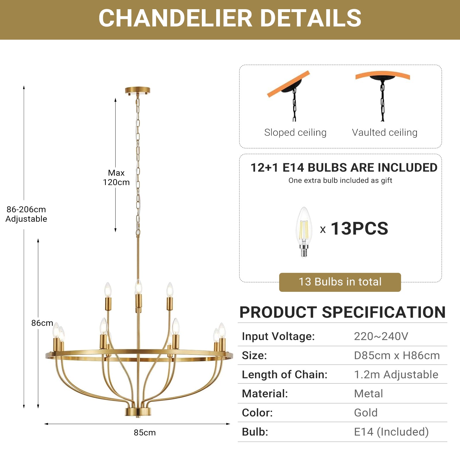 12 Lights Candle Chandelier Gold Farmhouse & Industrial Pendant CL-12HCCG