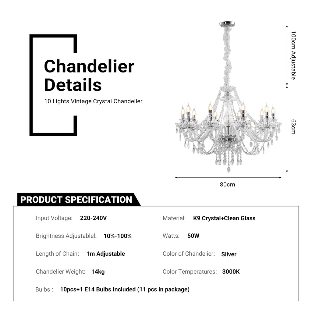 10 Lights Crystal Chandelier Large Ceiling Pendant Light CL-WCC10