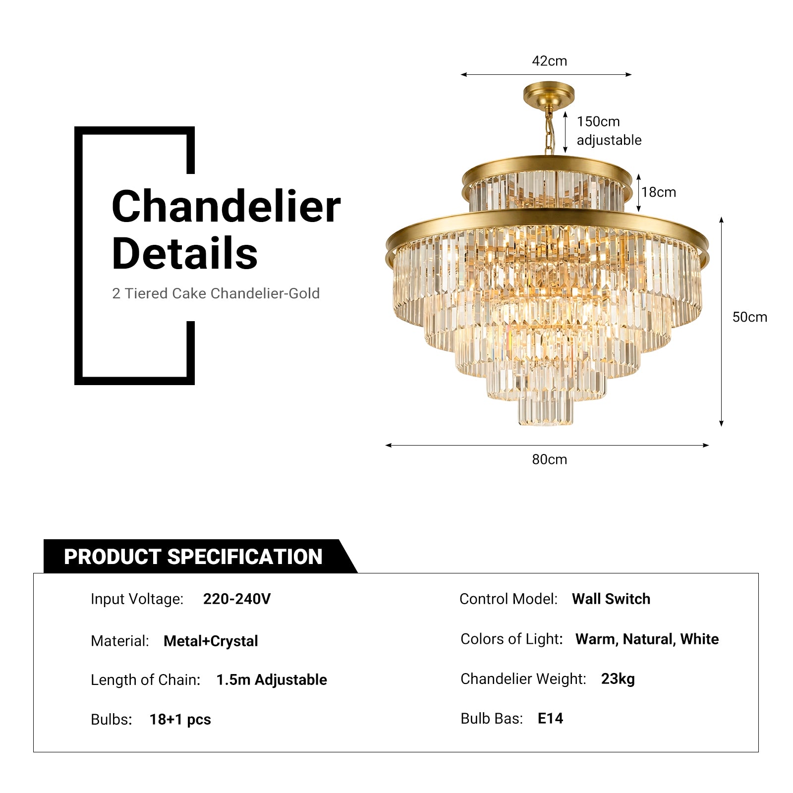18 Light 2 Tier Cake Crystal Chandelier K9 Gold 3 Colors CL-TCCG