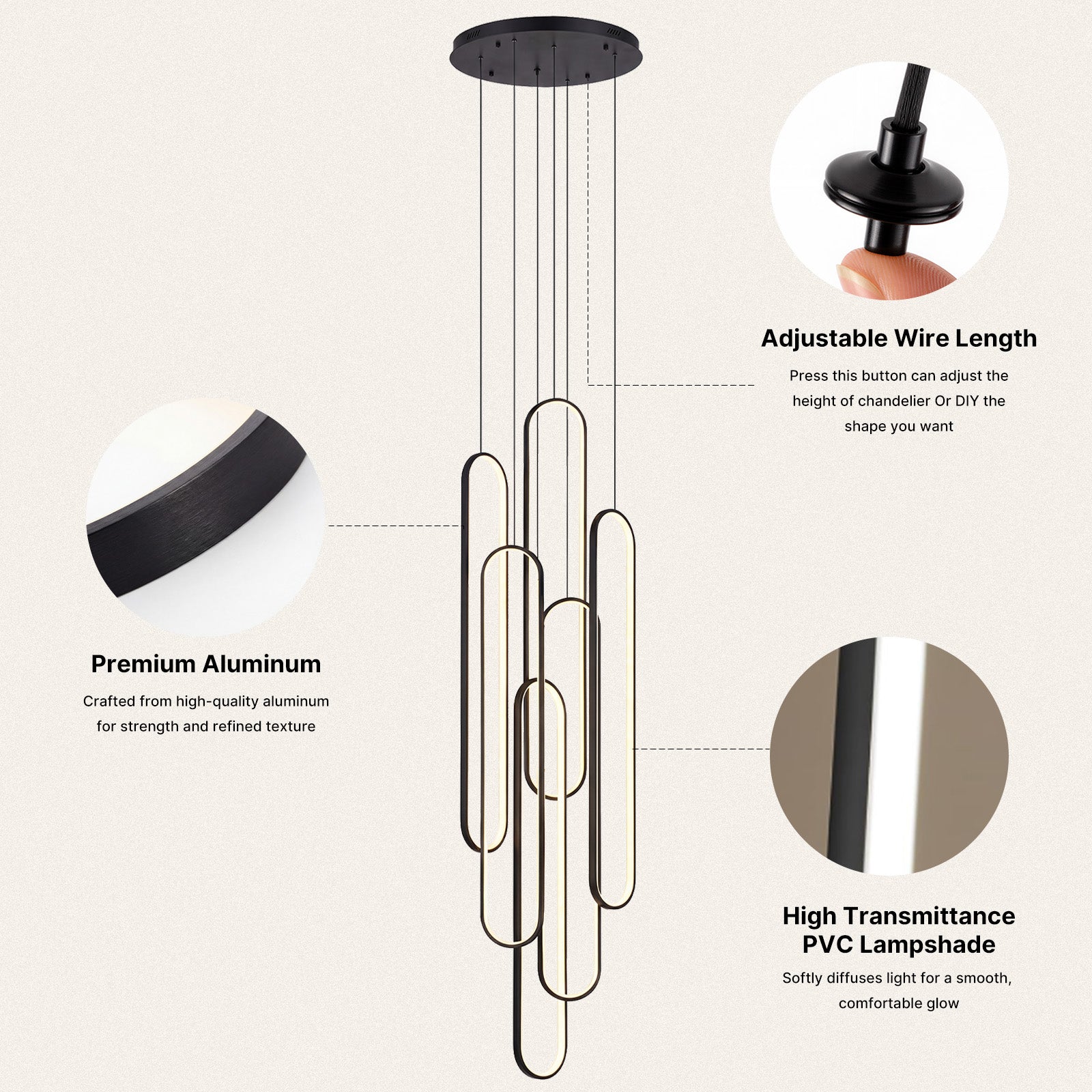 Large 6-Ring LED Chandelier Modern Dimmable Ceiling Light Foyer With Remote CL-HSL/CL-OSL