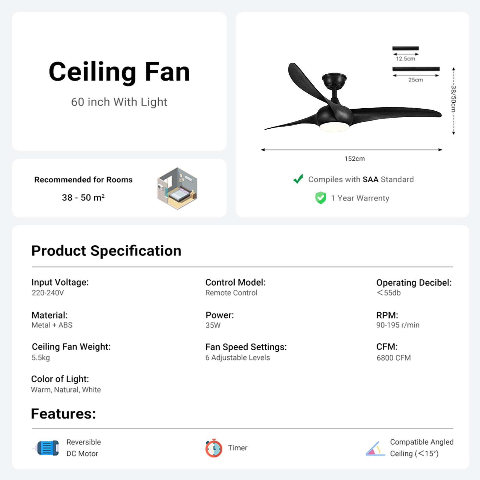 Ceiling Fan with LED Light 60" Black ABS Blades Remote ControlCF-6005