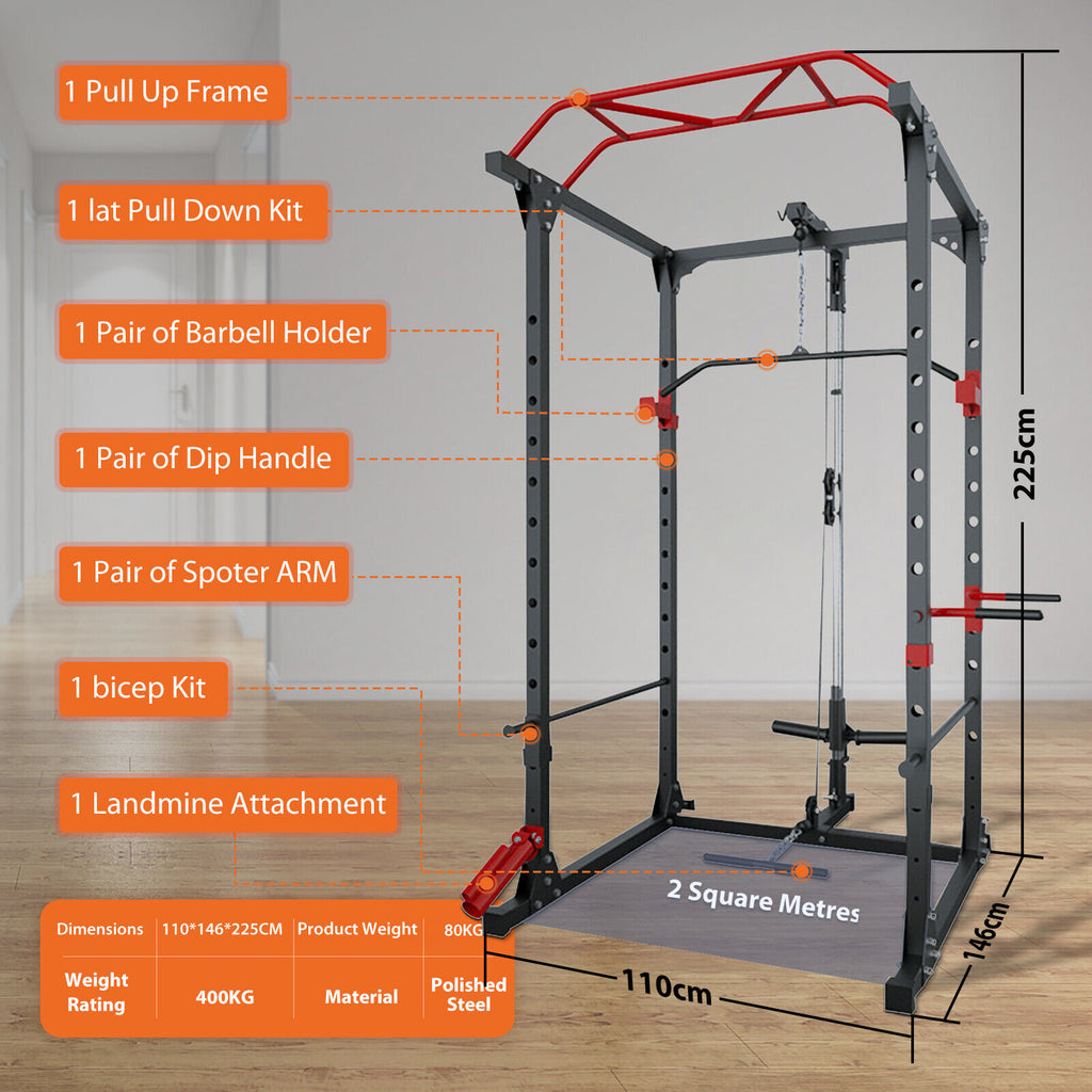 Power Rack Cage w/ Lat Pull Down Dip Bar Bench Press Squats Home Gym