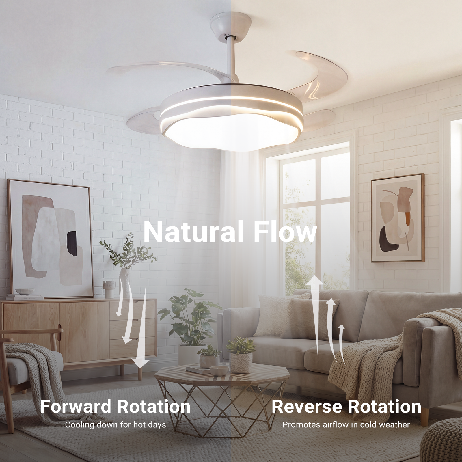 42" Retractable Ceiling Fan with Light & Remote Smart Modern Design CF-4204