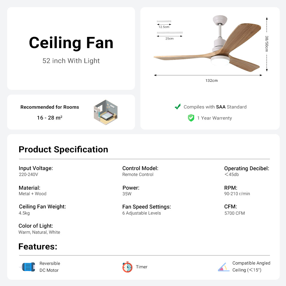 52'' Ceiling Fan with Lightby USOR - Australian Ceiling Fan Store