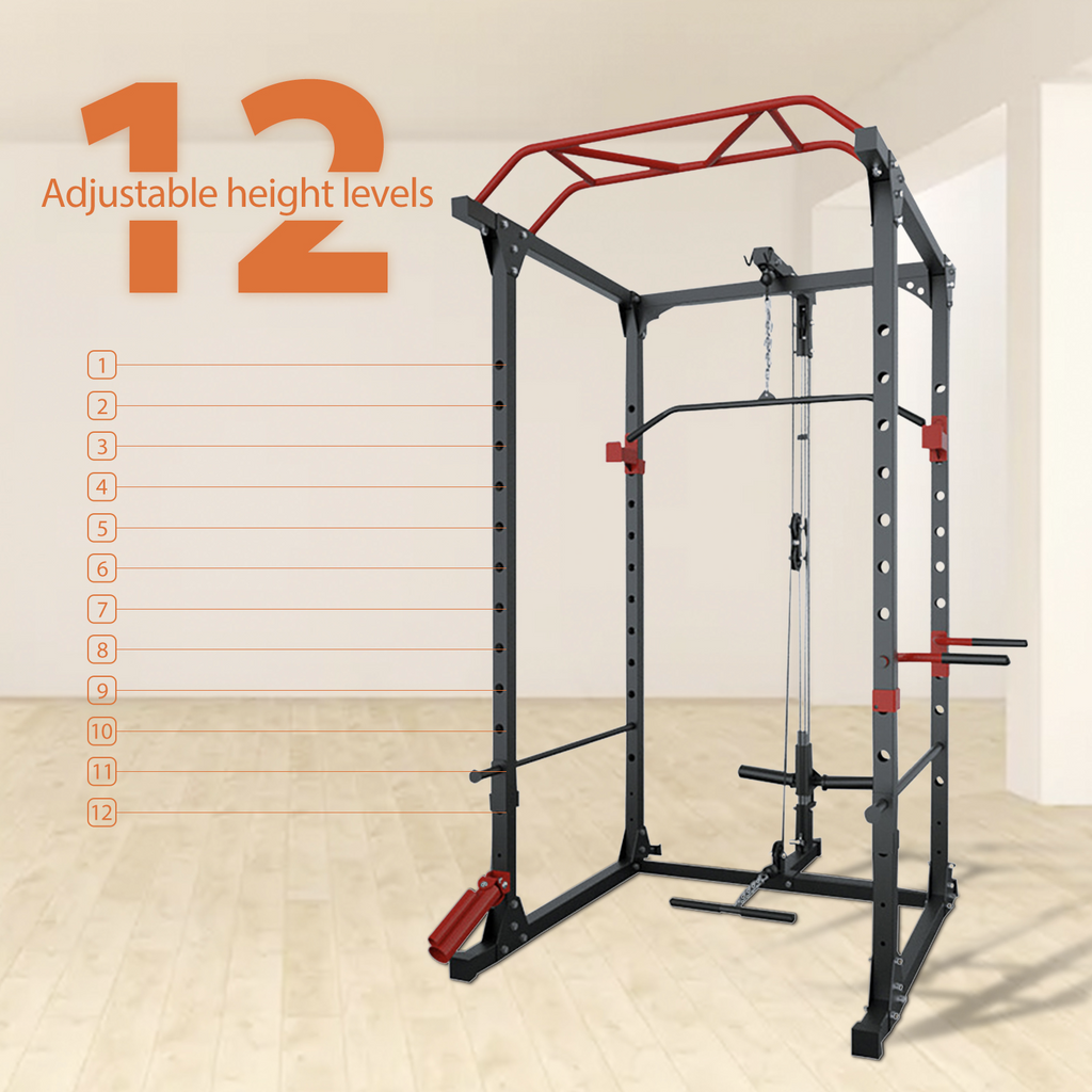 Power Rack Cage w/ Lat Pull Down Dip Bar Bench Press Squats Home Gym