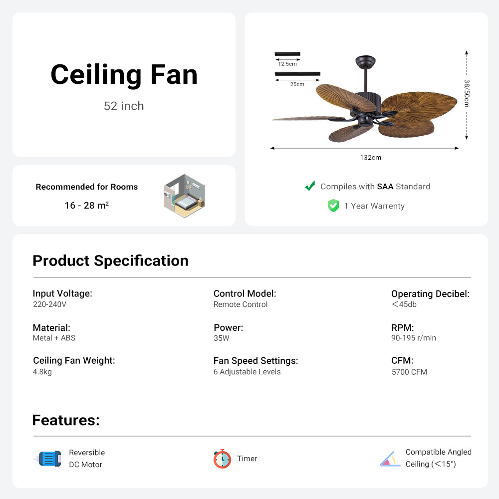 52''Large blade ceiling fan by USOR - Australian Chandelier Store