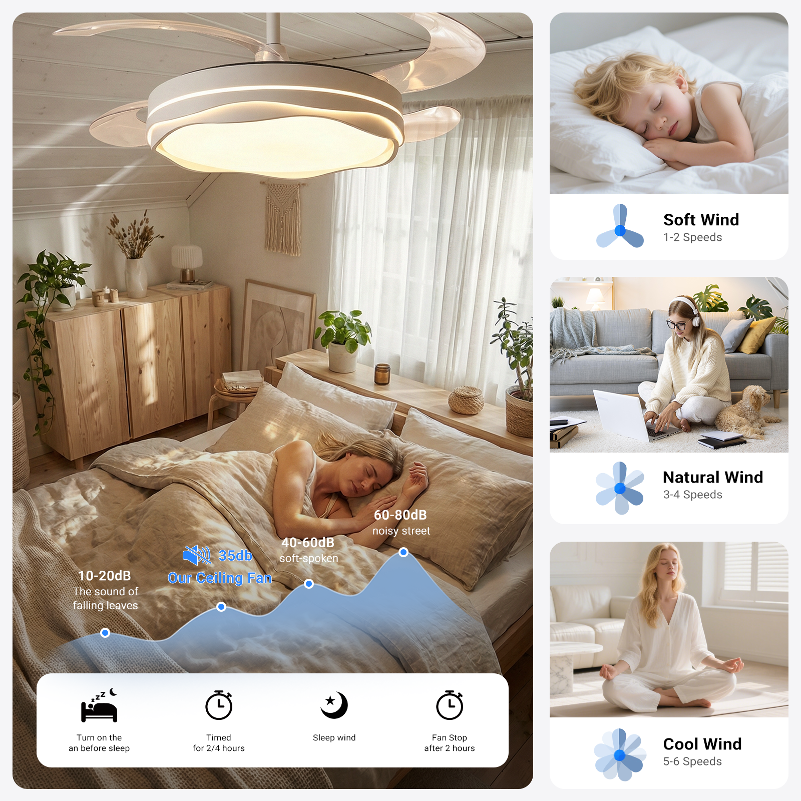42" Retractable Ceiling Fan with Light & Remote Smart Modern Design CF-4204