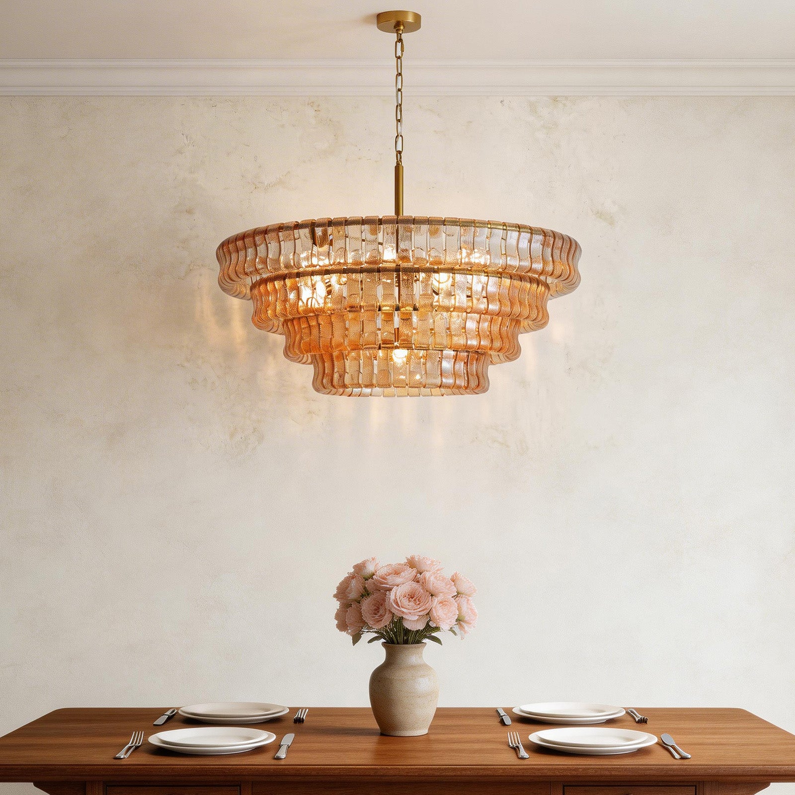 Large Gold Amber Glass Chandelier 18-Light Round Ceiling Pendant 4-Tier Fixture CL-LAC4