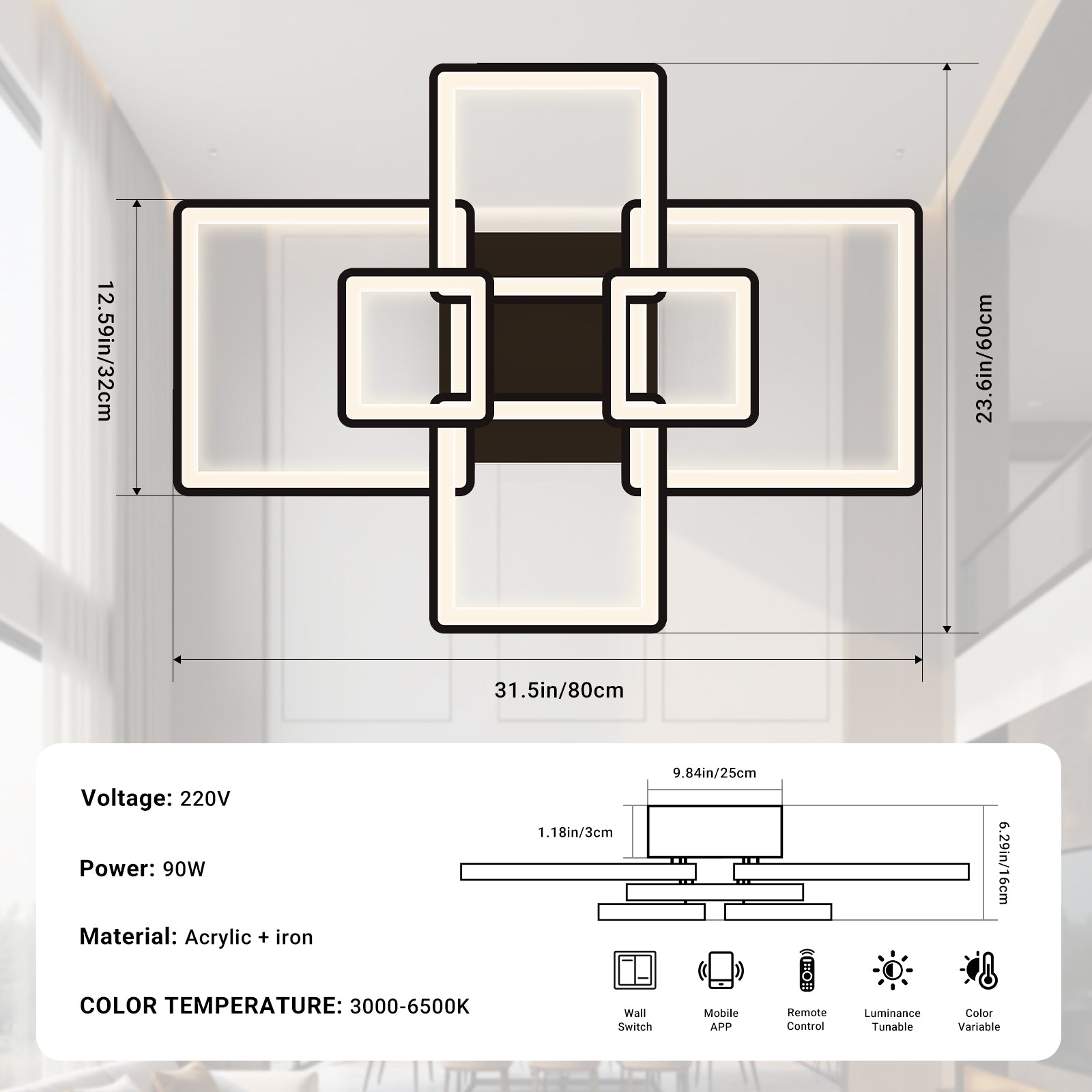 Modern LED Ceiling Light 6/8 Square Dimmable Flush Mount Light Remote App Black CL-SBK