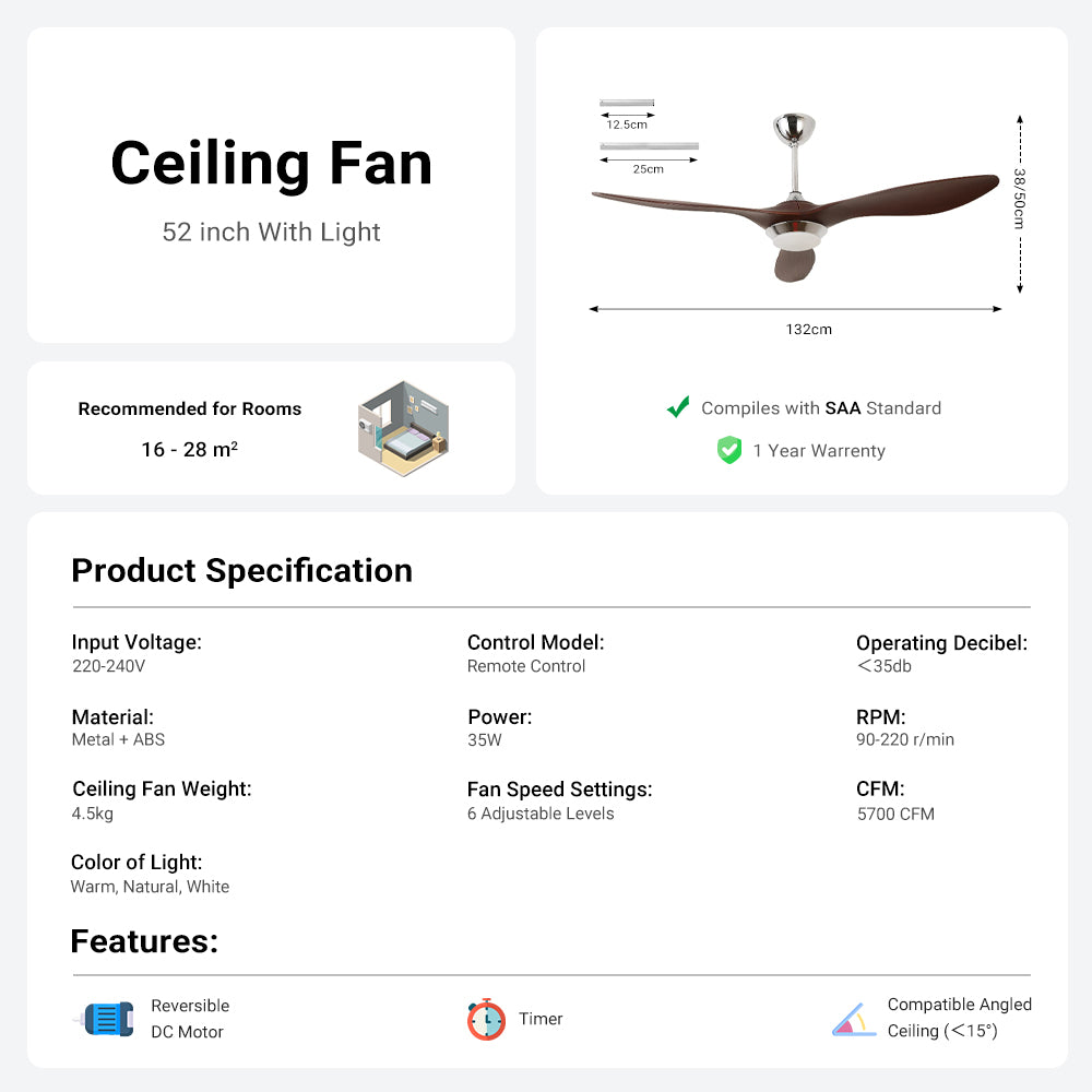 52'' Ceiling Fan with Light by USOR - Australian Ceiling Fan Store