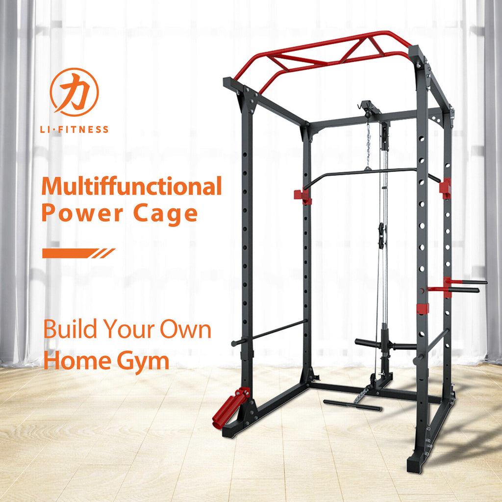 Power Rack Cage w/ Lat Pull Down Dip Bar Bench Press Squats Home Gym