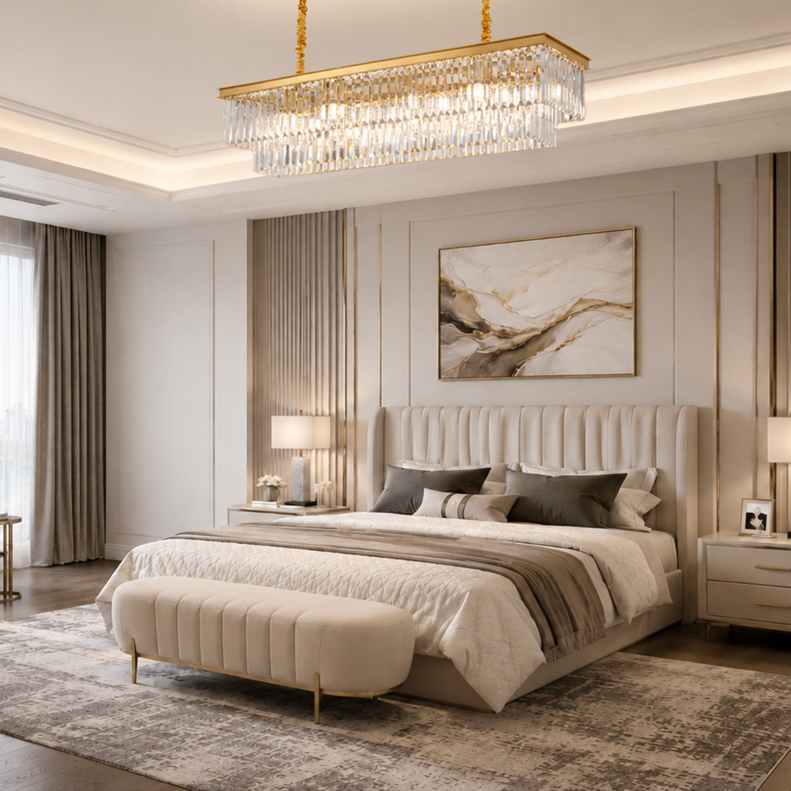 Luxury Crystal Strip Chandelier Golden Ceiling Light Lamp LED CL-CSCGO