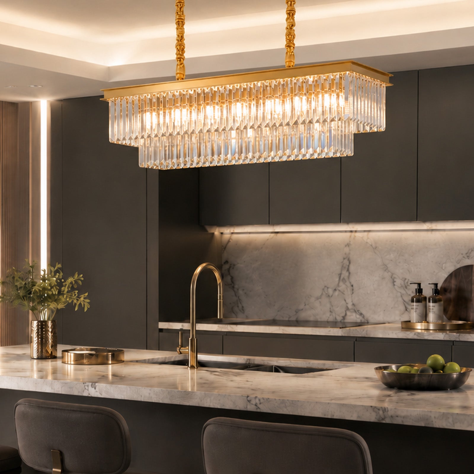 Luxury Crystal Strip Chandelier Golden Ceiling Light Lamp LED CL-CSCGO