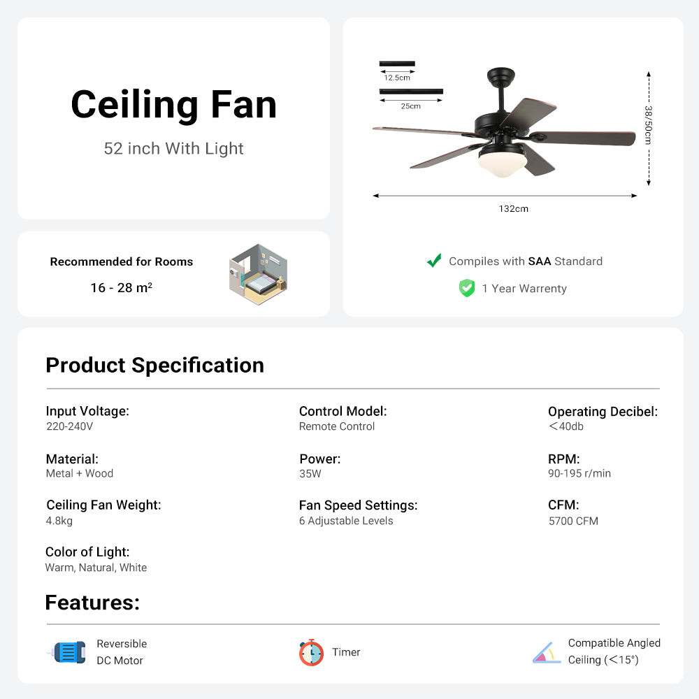 52'' Modern Black Ceiling Fan with Light & Remote Control by USOR - Australian Ceiling Fan Store