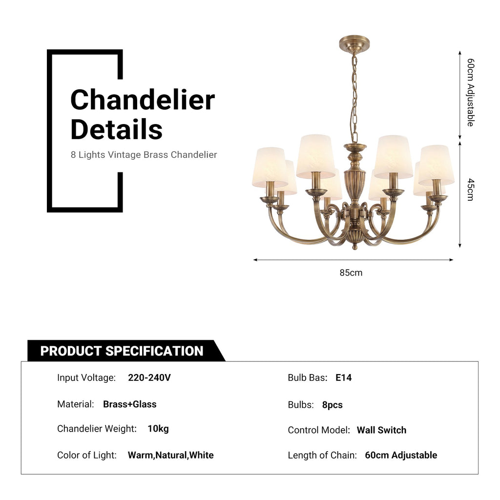 Solid Brass 8 Light Chandelier Antique Brass Pendant Lighting CL-VBC8