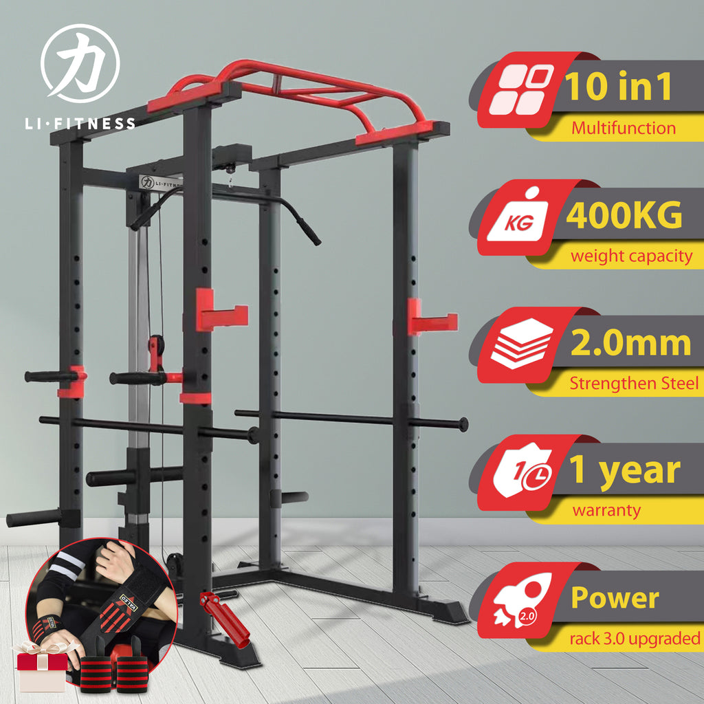 Power Rack Cage w/ Lat Pull Down Dip Bar Bench Press Squats Home Gym