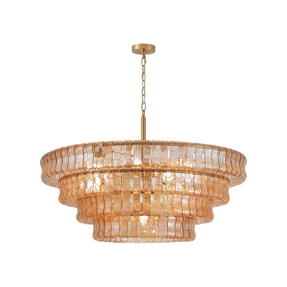 Large Gold Amber Glass Chandelier 18-Light Round Ceiling Pendant 4-Tier Fixture CL-LAC4