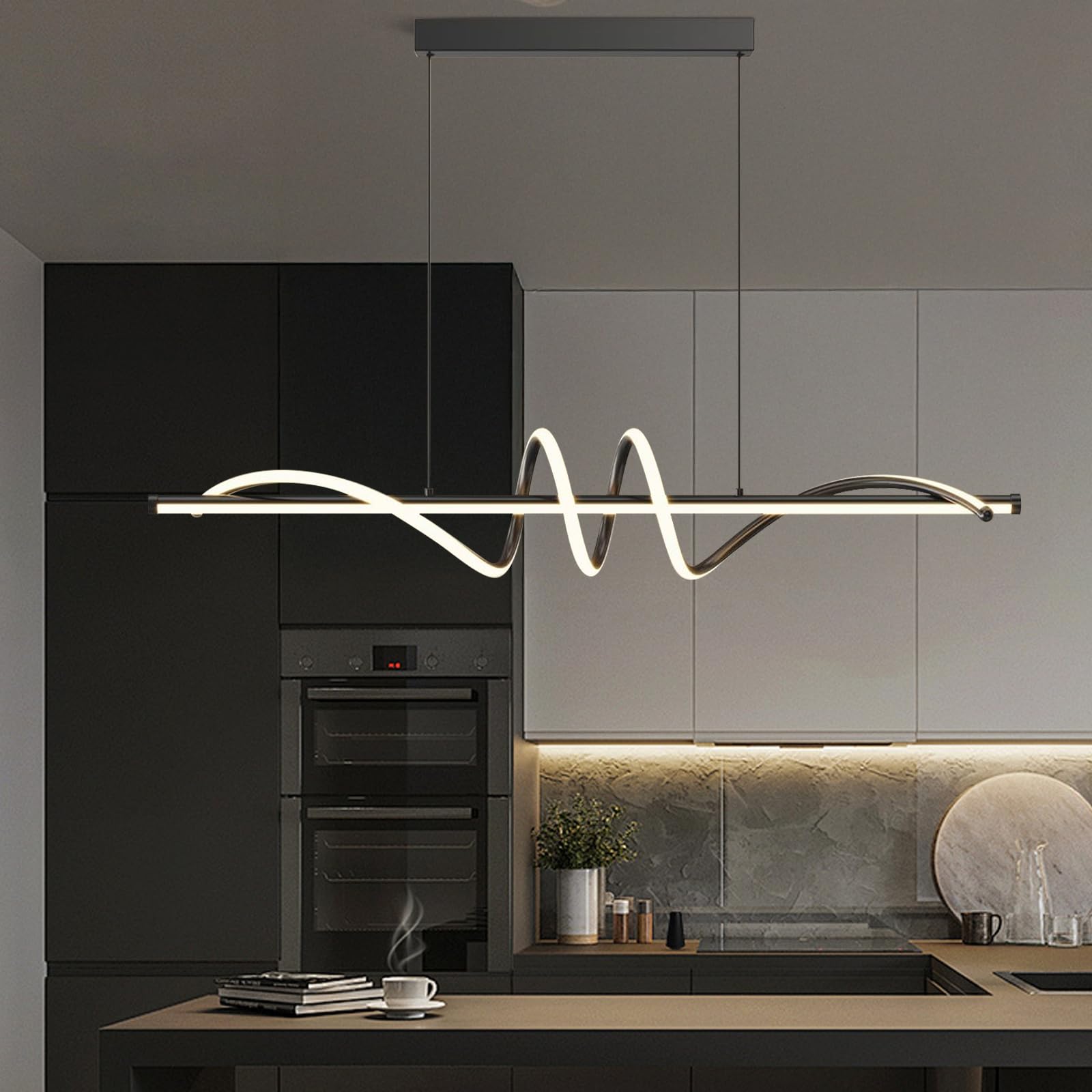 Linear LED Modern Wave Chandelier Black Dimmable Island Light CL-MW