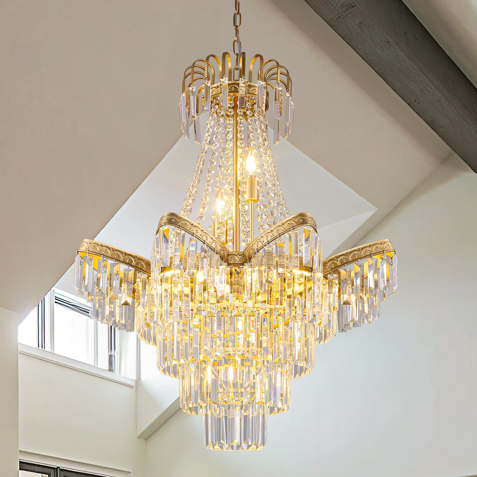 Made-to-Order High Ceiling Empire Crystal Chandelier 11-Light Vintage Gold Chandelier for Foyer, Entryway, Dining Room CL-FEC