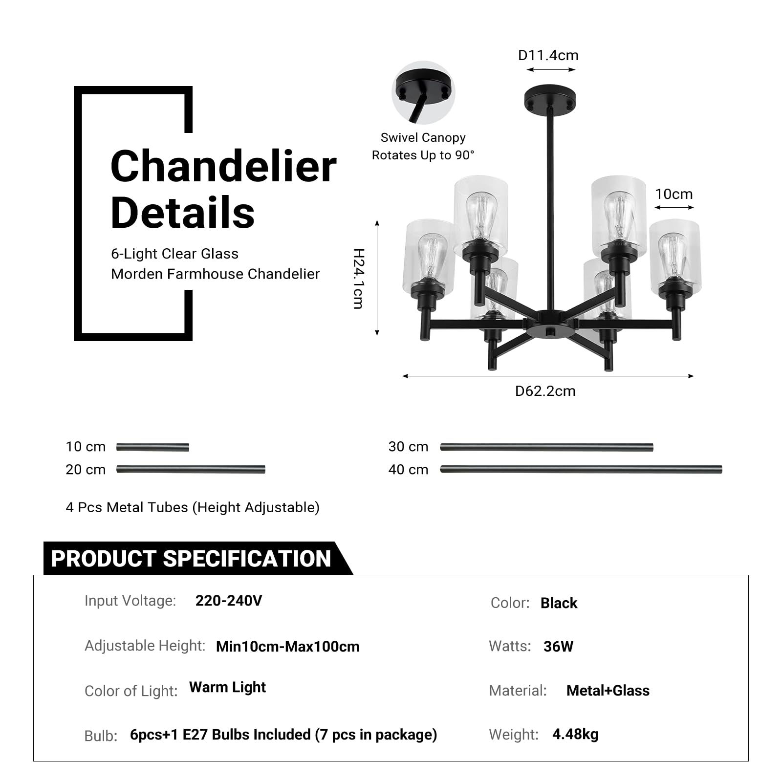 Modern Black 6-Light Glass Chandelier Industrial Farmhouse Ceiling Light CL-LGSC