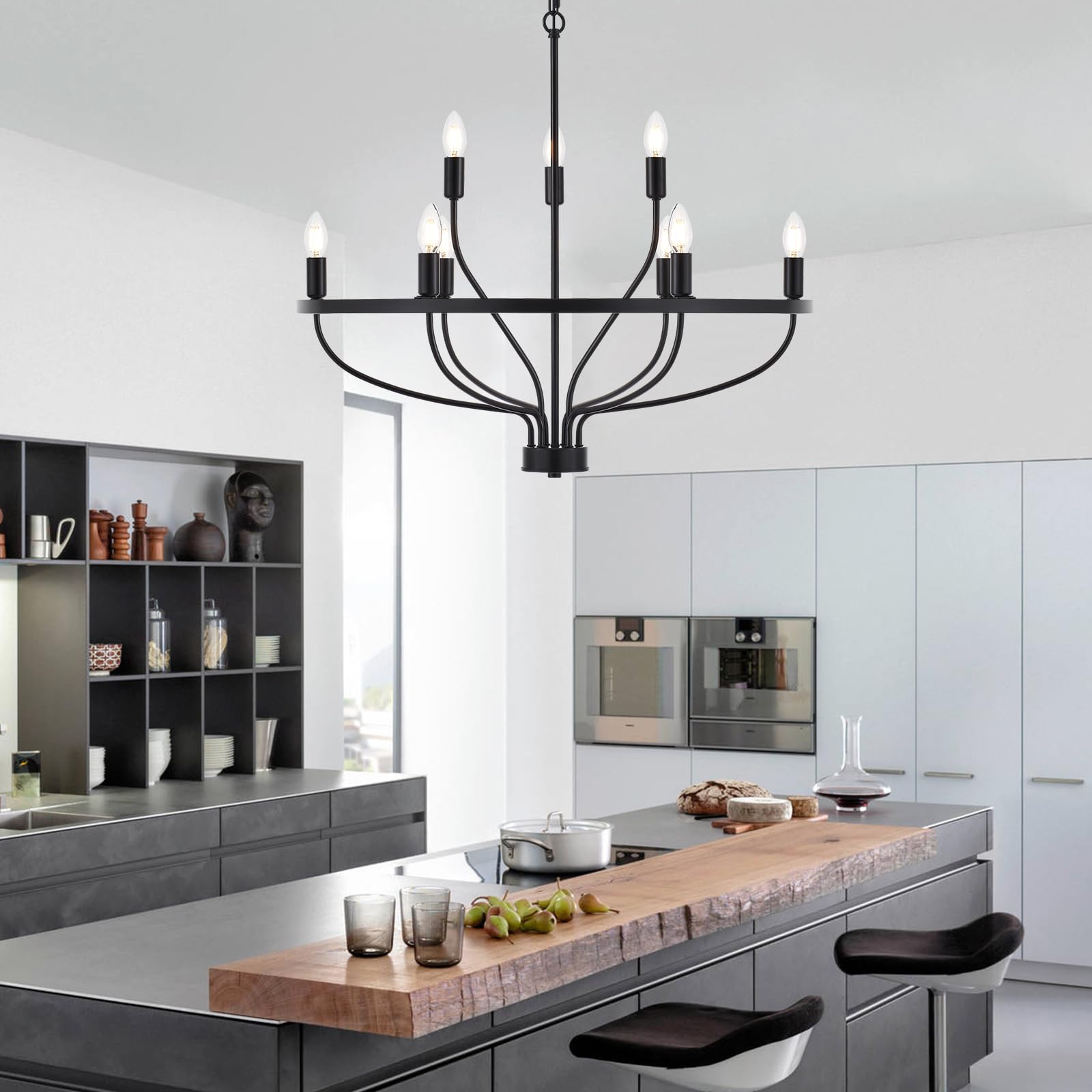 9 Lights Candle Chandelier Black Farmhouse & Industrial Pendant CL-9HCCB