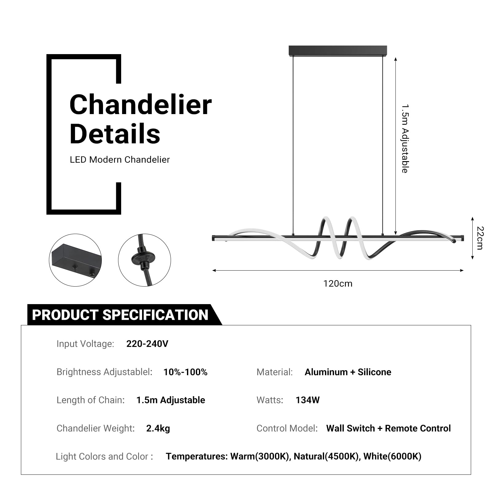 Linear LED Modern Wave Chandelier Black Dimmable Island Light CL-MW