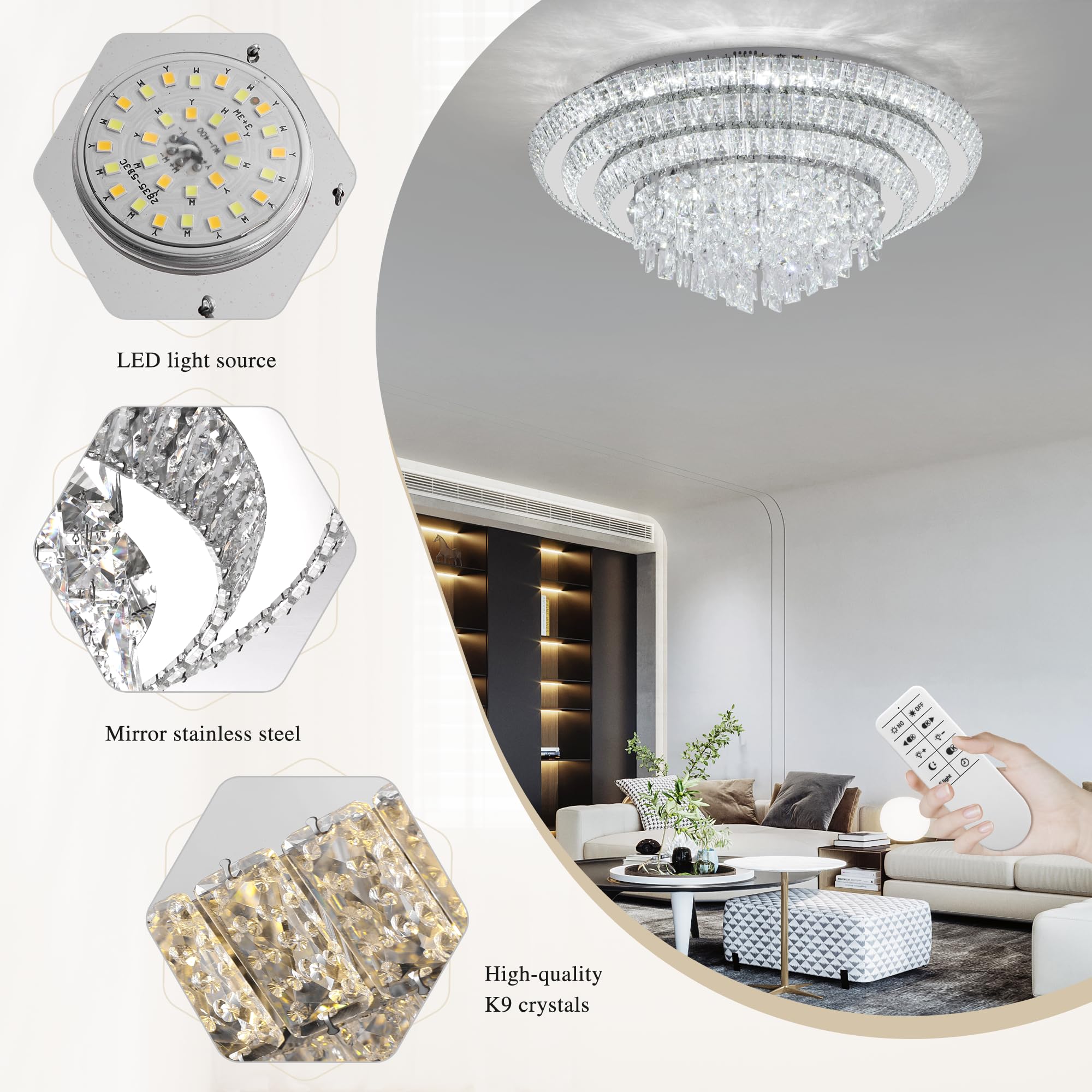 Made-to-Order Modern LED Crystal Ceiling Light 3-Layer Flush Mount Chandelier with Remote, Dimmable 3CCT, for Living Room Bedroom Kitchen Entryway CL-CRC