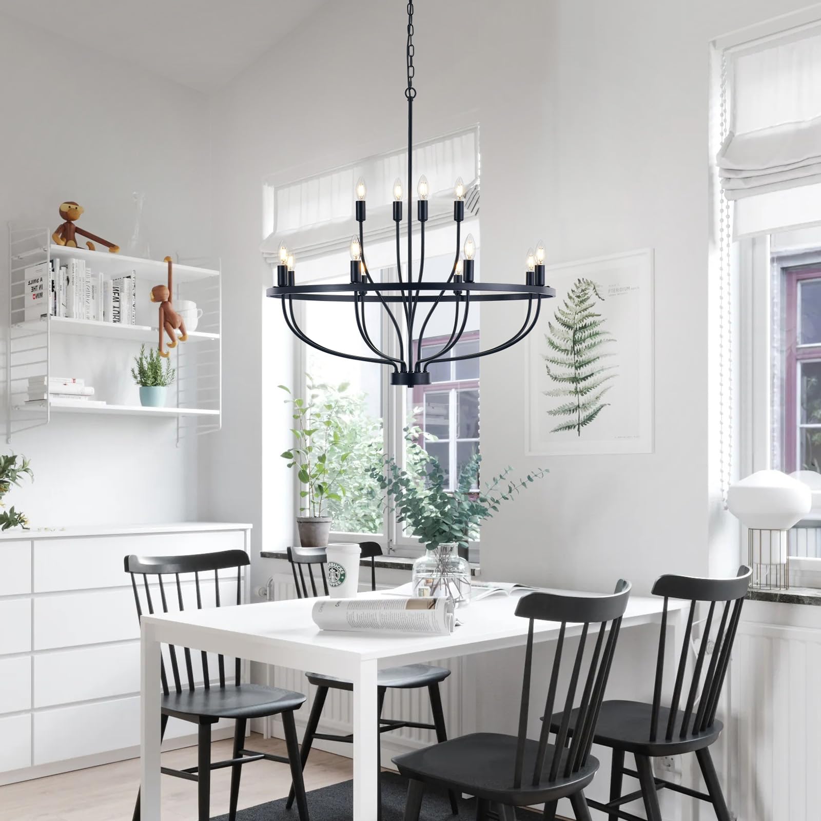 12 Lights Candle Chandelier Black Farmhouse & Industrial Pendant CL-12HCCB