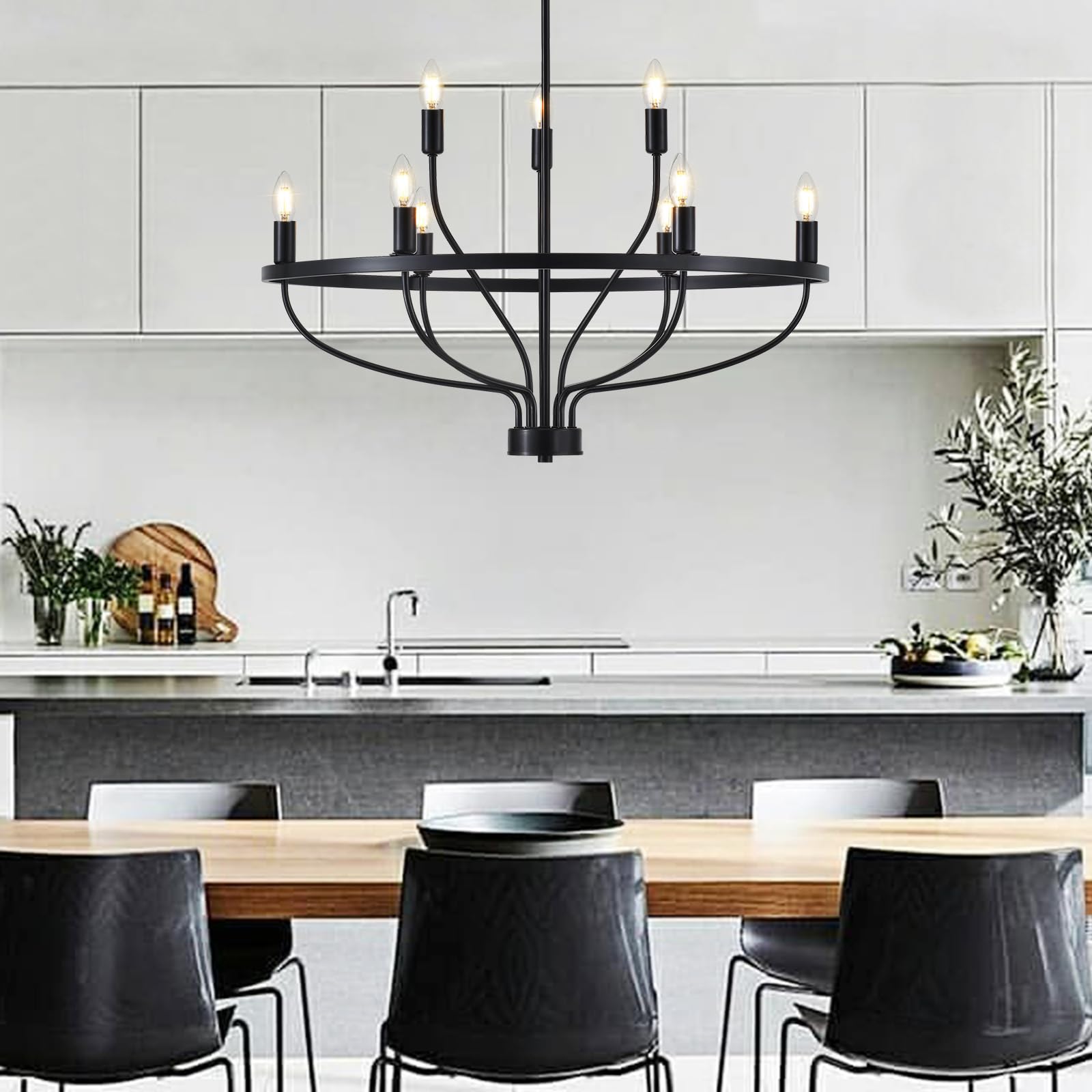 9 Lights Candle Chandelier Black Farmhouse & Industrial Pendant CL-9HCCB