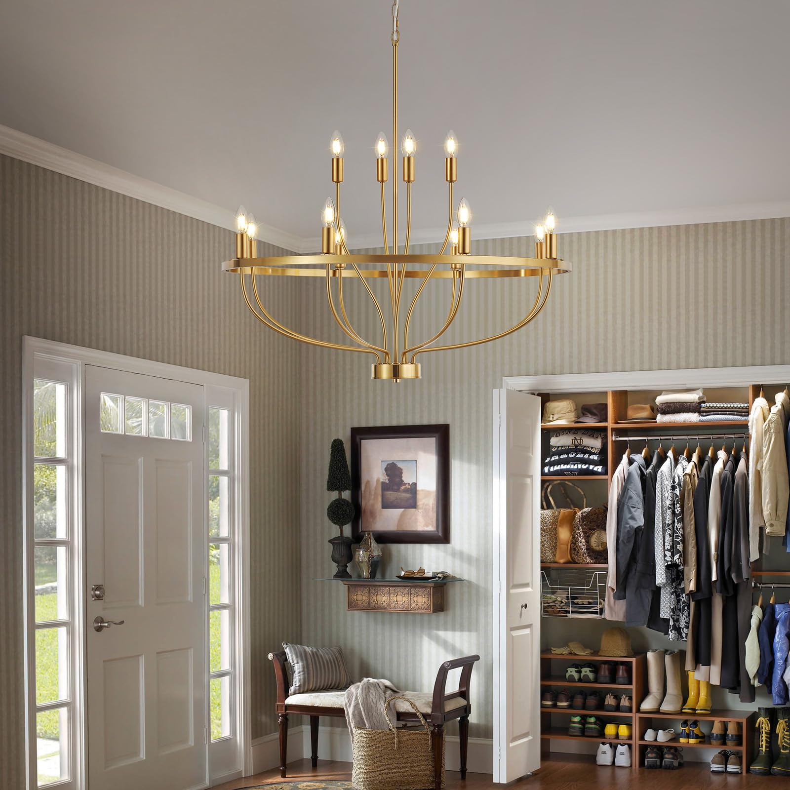 12 Lights Candle Chandelier Gold Farmhouse & Industrial Pendant CL-12HCCG
