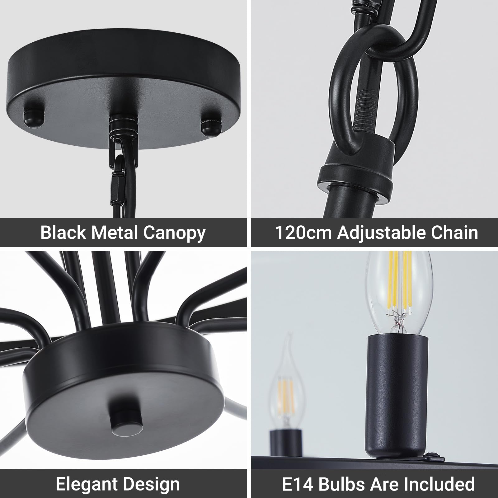 12 Lights Candle Chandelier Black Farmhouse & Industrial Pendant CL-12HCCB